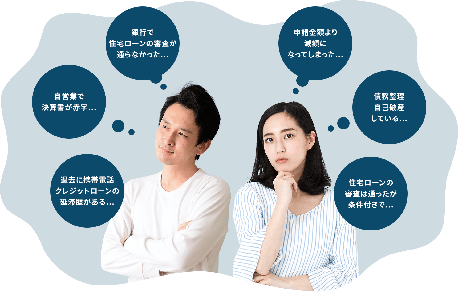 銀行で住宅ローンの審査が通らなかった・・・ 申請金額より減額になってしまった・・・ 自営業で決算書が赤字・・・ 債務整理、自己破産している・・・ 過去に携帯電話クレジットローンの延滞歴がある・・・ 住宅ローンの審査は通ったが条件付きで・・・